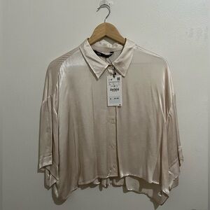 NWT Zara Short Sleeve Satin Button Down